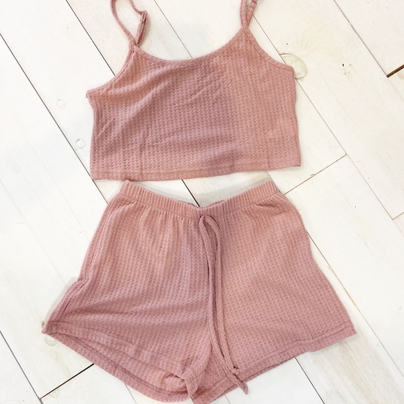 Waffle Knit 2 Piece Pink Loungewear Shorts Set - Picture 3 of 5
